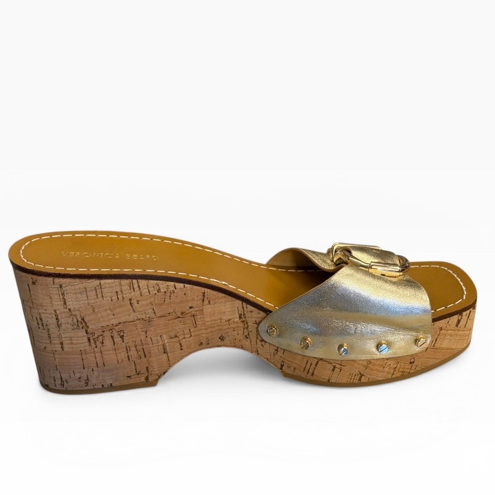 Veronica Beard Dallas Gold Leather Cork Platform Wedge Buckle Slide Sandals SZ 6
